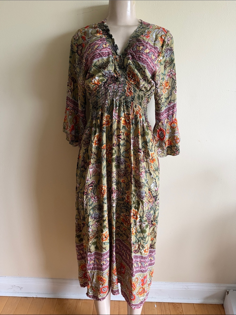 Bohemian Olive Floral Midi Dress 15’’-21’’